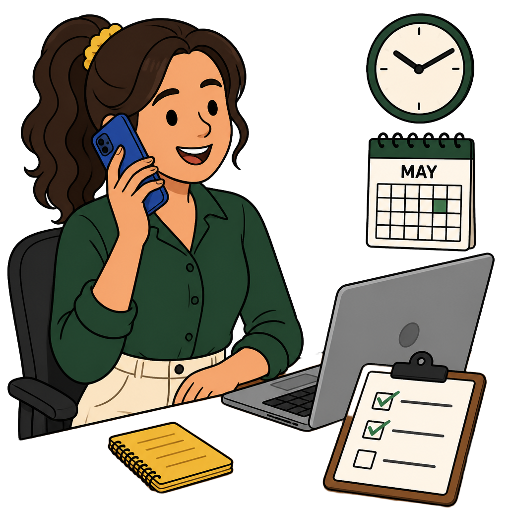 Mentor Supply Chain đang gọi điện tư vấn cho mentee, với laptop, checklist đã tick và đồng hồ nhắc lịch trong 24h